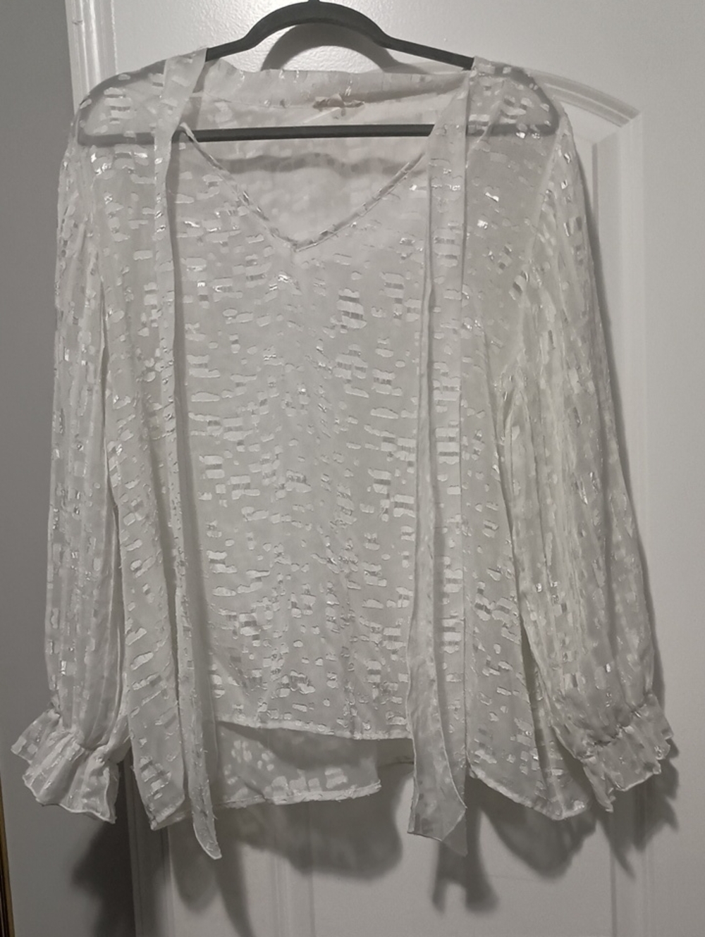 Classic White Sheer V-Neck Women's Blouse with Tie
